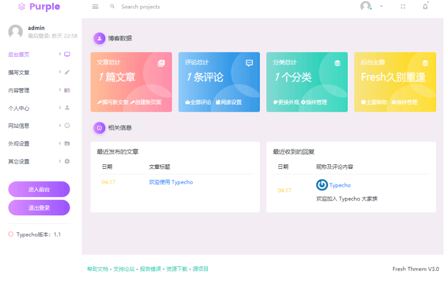 typecho主题后台模板,改的是Fresh Thmem V3.0版本,看效果就很漂亮!-1 typecho主题后台模板,改的是Fresh Thmem V3.0版本,看效果就很漂亮!-1