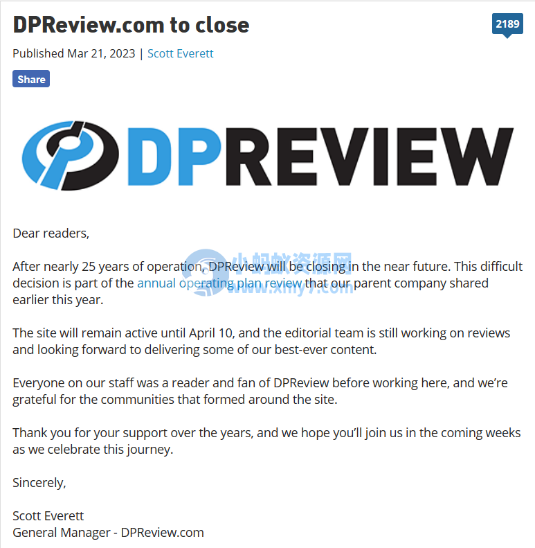 数码相机权威网站 Dpreview 宣布 4 月 10 日关停，已有 25 年历史