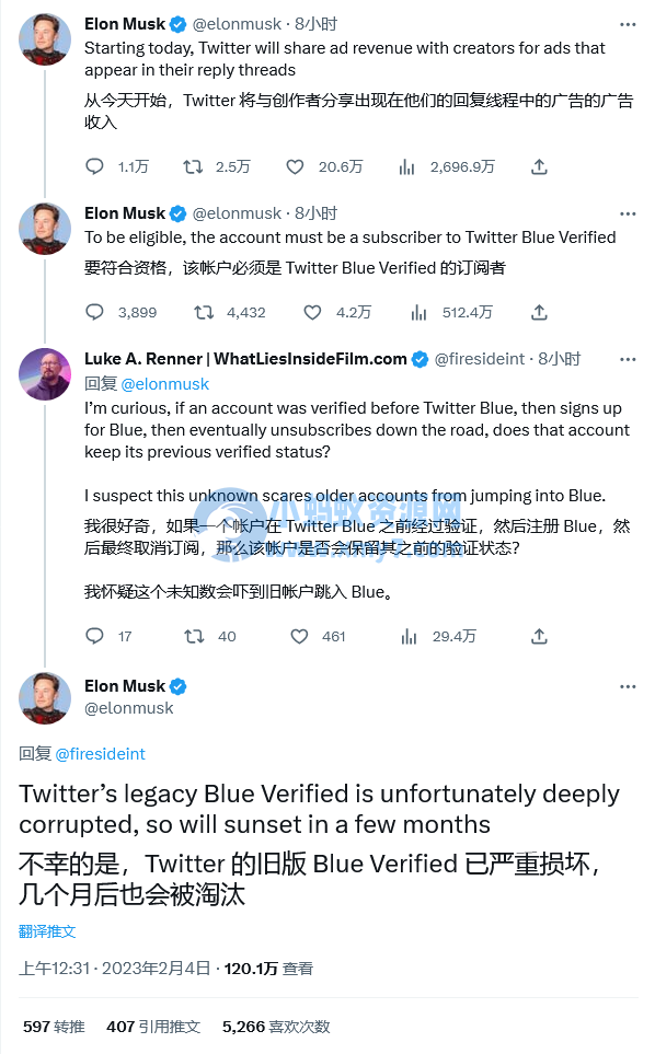 马斯克:Twitter 自今天开始向创作者分享广告收入 马斯克:Twitter 自今天开始向创作者分享广告收入